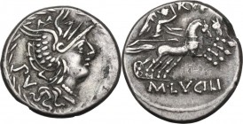 M. Lucilius Rufus. AR Denarius, 101 BC. Obv. Helmeted head of Roma right; behind, PV; all within wreath. Rev. Victory in biga right; above, RVF; in ex...