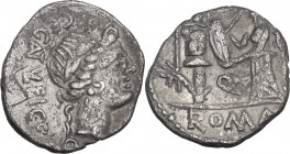 C. Egnatuleius C.f. AR Quinarius, 97 BC. Obv. Head of Apollo right, laureate. Rev. Victory standing left, inscribing shield on a trophy. Cr. 333/1; B....