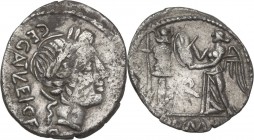 C. Egnatuleius C.f. AR Quinarius, 97 BC. Obv. Head of Apollo right, laureate. Rev. Victory standing left, inscribing a shield on a trophy. Cr. 333/1. ...