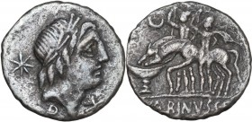 L. Caecilius Metellus and C. Publicius Malleolus. AR Denarius, 96 BC. Obv. Head of Apollo right, laureate; behind, star. Rev. Dioscuri left, watering ...