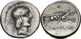 L. Calpurnius Piso Frugi. AR Denarius, 90 BC. Obv. Head of Apollo right, laureate; behind, H and leaf; below chin, E or F. Rev. Horseman right, holdin...