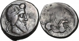 Q. Titius. AR Denarius, 90 BC. Obv. Head of Mutinus Titinus-Priapus right, wearing winged diadem. Rev. Pegasus prancing right; below, Q.TITI in linear...