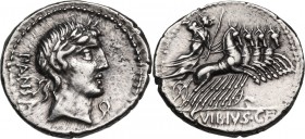 C. Vibius C. f. Pansa. AR Denarius, 90 BC. Obv. Head of Apollo right, laureate. Rev. Minerva in quadriga right, holding reins, spear and trophy. Cr. 3...