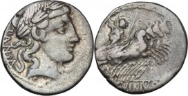 C. Vibius C. f. Pansa. AR Denarius, 90 BC. Obv. Head of Apollo right, laureate. Rev. Minerva in quadriga right, holding trophy and spear. Cr. 342/5. A...