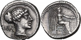 M. Cato. AR Denarius, 89 BC. Obv. Female head right; on the left, ROMA; below, M·CATO. Rev. Victory seated right, holding patera and palm branch; belo...