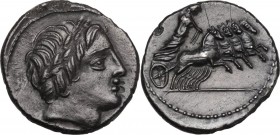 Vergilius, Gargilius and Ogulnius. AR Denarius, 86 BC. Obv. Head of Apollo right, wearing oak-wreath; below, thunderbolt. Rev. Jupiter in quadriga rig...
