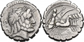 Q. Antonius Balbus. AR Denarius serratus, 83-82 BC. Obv. Laureate head of Jupiter right, S.C behind. Rev. Victory in quadriga right; below horses, Q; ...