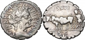 C. Marius C.f. Capito. AR Denarius, 81 BC. Obv. Bust of Ceres right, wearing wreath of corn-ears. Rev. Ploughman with yoke of oxen left; above, XXVII;...