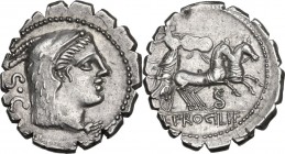 L. Procilius. AR Denarius serratus, 80 BC. Obv. Head of Juno Sospita right, wearing goat's skin; on the left, S·C. Rev. Juno Sospita in biga right; be...