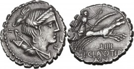 Ti. Claudius Nero. AR Denarius serratus, 79 BC. Obv. Draped bust of Diana right, bow and quiver on shoulder; before, S·C. Rev. Victory in biga right; ...