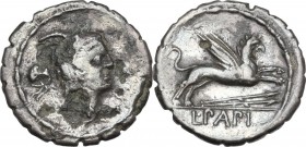 L. Papius. AR Denarius, 79 BC. Obv. Head of Juno Sospita right, wearing goat's skin; behind, symbol. Rev. Griffin leaping right; below, two spears. Cr...