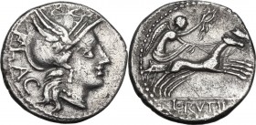 L. Rutilius Flaccus. AR Denarius, 77 BC. Obv. Helmeted head of Roma right; behind, FLAC. Rev. Victory in biga right, holding reins and wreath; in exer...