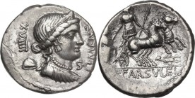 L. Farsuleius Mensor. AR Denarius, 75 BC. Obv. Diademed and draped bust of Liberty right; behind, XXXIII/pileus; before, MENSOR; below chin, SC. Rev. ...
