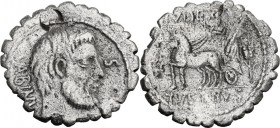 T. Vettius Sabinus. AR Denarius serratus, 70 BC. Obv. Bearded head of King Tatius right; behind, SABINVS; below chin, TA ligate; in right field, S.C. ...