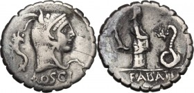 L. Roscius Fabatus. AR Denarius, 64 BC. Obv. Head of Juno Sospita right, wearing goat's skin; behind, cornucopiae. Rev. Girl standing right; before, s...