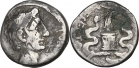Augustus (27 BC - 14 AD). AR Quinarius, uncertain Italian or Ephesus mint, 29-28 BC. Obv. Bare head right. Rev. Victory standing left on cysta mystica...