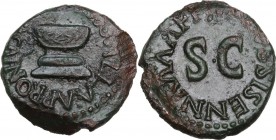 Augustus (27 BC - 14 AD). AE Quadrans, Apronius, Galus, Messalla and Sisenna as III Viri Monetales, 5 BC. Obv. Bowl shaped altar. Rev. Legend around l...