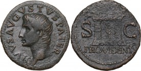 Divus Augustus (died 14 AD). AE As. Struck under Tiberius, 34-37 AD. Obv. Radiate head left. Rev. Monumental altar. RIC I (2nd ed.) (Tib.) 81; C. 228....