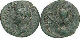 Divus Augustus (died 14 AD). AE As. Struck under Tiberius, 34-37 AD. Obv. Head left, radiate. Rev. Eagle standing on globe facing, head right, wings o...