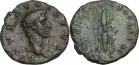 Divus Augustus (died 14 AD). AE As. Restitution issue. Struck under Nerva, 98 AD. Obv. Bare head right. Rev. Winged thunderbolt. RIC II (Nerva) 130. A...