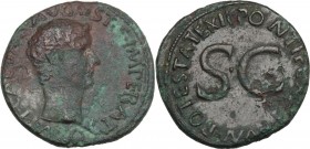 Tiberius as Caesar (4-14 AD). AE As. Struck under Augustus, 8-10 AD. Obv. Bare head right. Rev. Legend around large SC. RIC I (2nd ed.) (Aug.) 469. AE...