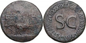 Tiberius (14-37 AD). AE Sestertius, 36-37 AD. Obv. Empty horse-drawn quadriga right, its side ornamented with [trophy, Victory and trophy, and captive...