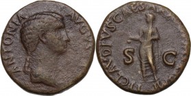 Antonia, daughter of Mark Anthony and Octavia (died 45 AD). AE Dupondius. Struck 41-42 AD. Obv. Draped bust right. Rev. Claudius, veiled and togate, s...