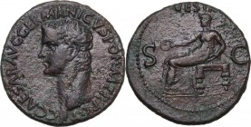 Germanicus (died 19 AD). AE As. Struck under Claudius, c. 37-38 AD. Obv. Bare head left. Rev. Vesta seated left, holding patera and transverse sceptre...