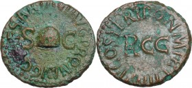 Gaius (37-41). AE Quadrans, 40-41. Obv. Pileus flanked by S C. Rev. Legend around RCC. RIC I (2nd ed.) 52. AE. 2.81 g. 18.00 mm. VF.