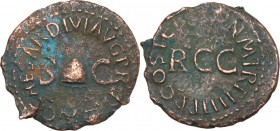 Gaius (37-41). AE Quadrans. Struck 40-41 AD. Obv. Pileus flanked by S C. Rev. Legend around RCC. RIC I (2nd ed.) 52. AE. 2.55 g. 20.00 mm. Scarce. VF.