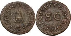 Claudius (41-54). AE Quadrans, 41-54. Obv. Modius. Rev. Large SC surrounded by legend. RIC I (2nd ed.) 90. AE. 2.39 g. 18.00 mm. Brown patina. About E...
