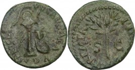 Nero (54-68). AE Quadrans, 62-68. Obv. Column with helmet on top; to right, shield; behind, spear. Rev. Olive-branch. RIC I (2nd ed.) 250. AE. 1.72 g....