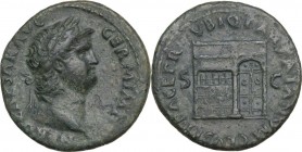Nero (54-68). AE As, c. 65 AD. Obv. Laureate head right. Rev. Temple of Janus, with latticed windows to left and garland hung across closed double doo...