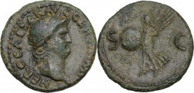 Nero (54-68). AE As, c. 64 AD. Obv. Laureate head right. Rev. Victory flying left, holding in both hands shield inscribed SPQR. RIC I (2nd ed.) 312. A...