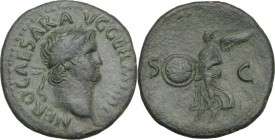 Nero (54-68). AE As, 65 AD. Obv. Laureate head right. Rev. Victory flying left, holding in both hands shield inscribed SPQR. RIC I (2nd ed.) 312. AE. ...
