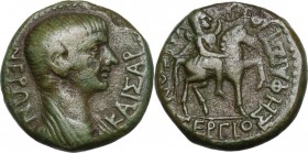 Nero Caesar (50-54). AE 17.5 mm. Hierapolis mint(?) (Phrygia). Circa 55 AD. Obv. Bare-headed and draped bust right. Rev. Apollo on horseback holding d...