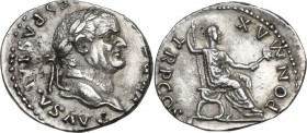 Vespasian (69-79 AD). AR Denarius, 74 AD. Obv. Laureate head right. Rev. Vespasian seated right on curule chair, holding sceptre and olive-branch. RIC...