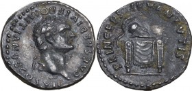 Domitian as Caesar (69-81). AR Denarius. Struck under Titus, 80-81 AD. Obv. Laureate head right. Rev. Crested Corinthian helmet on draped pulvinar. RI...