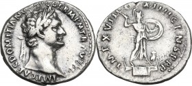 Domitian (81-96). AR Denarius, 88-89. Obv. Head right, laureate. Rev. Minerva standing right on rostral column, holding spear and shield; at feet, owl...