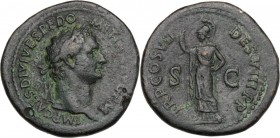 Domitian (81-96). AE Sestertius, 81 AD. Obv. Laureate head right. Rev. Minerva standing left, holding spear. RIC II 78. AE. 28.44 g. 37.00 mm. Impress...