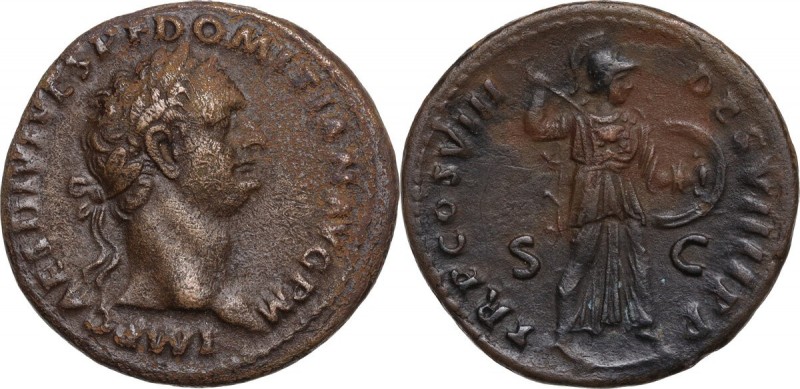 Domitian (81-96). AE As. Struck 82 AD. Obv. Laureate head right. Rev. Minerva st...