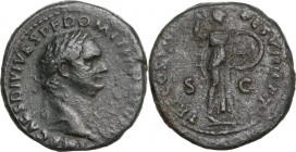 Domitian (81-96). AE As, 82 AD. Obv. Laureate head right. Rev. Minerva standing right, holding spear and shield. RIC II-p. 1 (2nd ed.) 110. AE. 13.31 ...