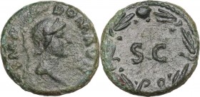 Domitian (81-96). AE Quadrans, 81-82 AD. Obv. Head of Minerva right, helmeted. Rev. Large SC within laurel wreath. RIC II-p. 1 (2nd ed.) 123. AE. 2.36...