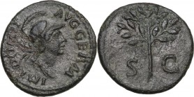 Domitian (81-96). AE Quadrans, 84-85. Obv. Head of Minerva right, helmeted. Rev. Olive-branch. RIC II-p. 1 (2nd ed.) 240. AE. 2.47 g. 17.00 mm. VF.