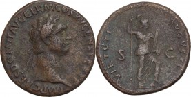 Domitian (81-96). AE As, 86 AD. Obv. Laureate head right. Rev. Virtus standing right, left foot on helmet, holding spear and parazonium. RIC II-p. 1 (...