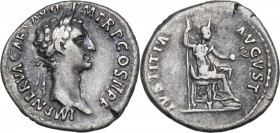 Nerva (96-98). AR Denarius, 96 AD. Obv. Laureate head right. Rev. Justitia, draped, seated right on low-backed chair, feet on footstool, holding long ...