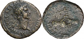 Nerva (96-98). AE Dupondius. Struck 97 AD. Obv. Radiate head right. Rev. Clasped hands holding legionary eagle set on prow. RIC II 81. AE. 10.13 g. 27...