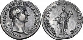 Trajan (98-117). AR Denarius, 103-111. Obv. Laureate bust right, slight drapery on far shoulder. Rev. Aequitas standing left, holding scales and cornu...