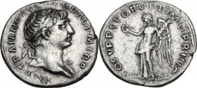 Trajan (98-117). AR Denarius, 103-111. Obv. Bust right, laureate, draped on left shoulder. Rev. Victory standing left, holding wreath and palm. RIC II...