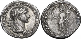 Trajan (98-117). AR Denarius, 116-117 AD. Obv. Laureate and draped bust right. Rev. Hilaritas standing facing, head left, holding caduceus and cornuco...